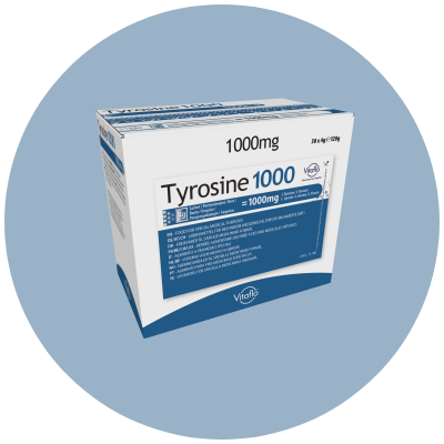 Verpakking van Tyrosine 1000, 1000 mg supplement, blauw-witte doos